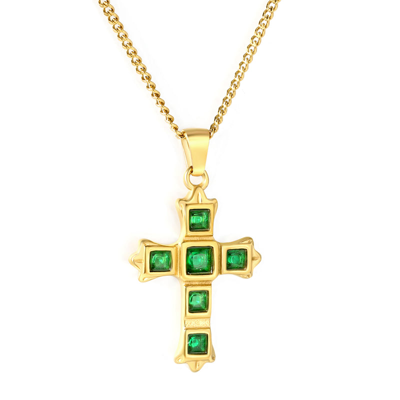 Cross-Shaped Square Emerald Nano Square Zircon Pendant 2.0 with Double-Sided Polished Round End Cap Necklace, Gold