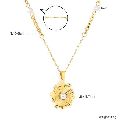 Irregular Sunflower Pearl Pendant 0.2mm Cross Chain Assembled Pearl Round Tag Necklace Gold asonjewelry