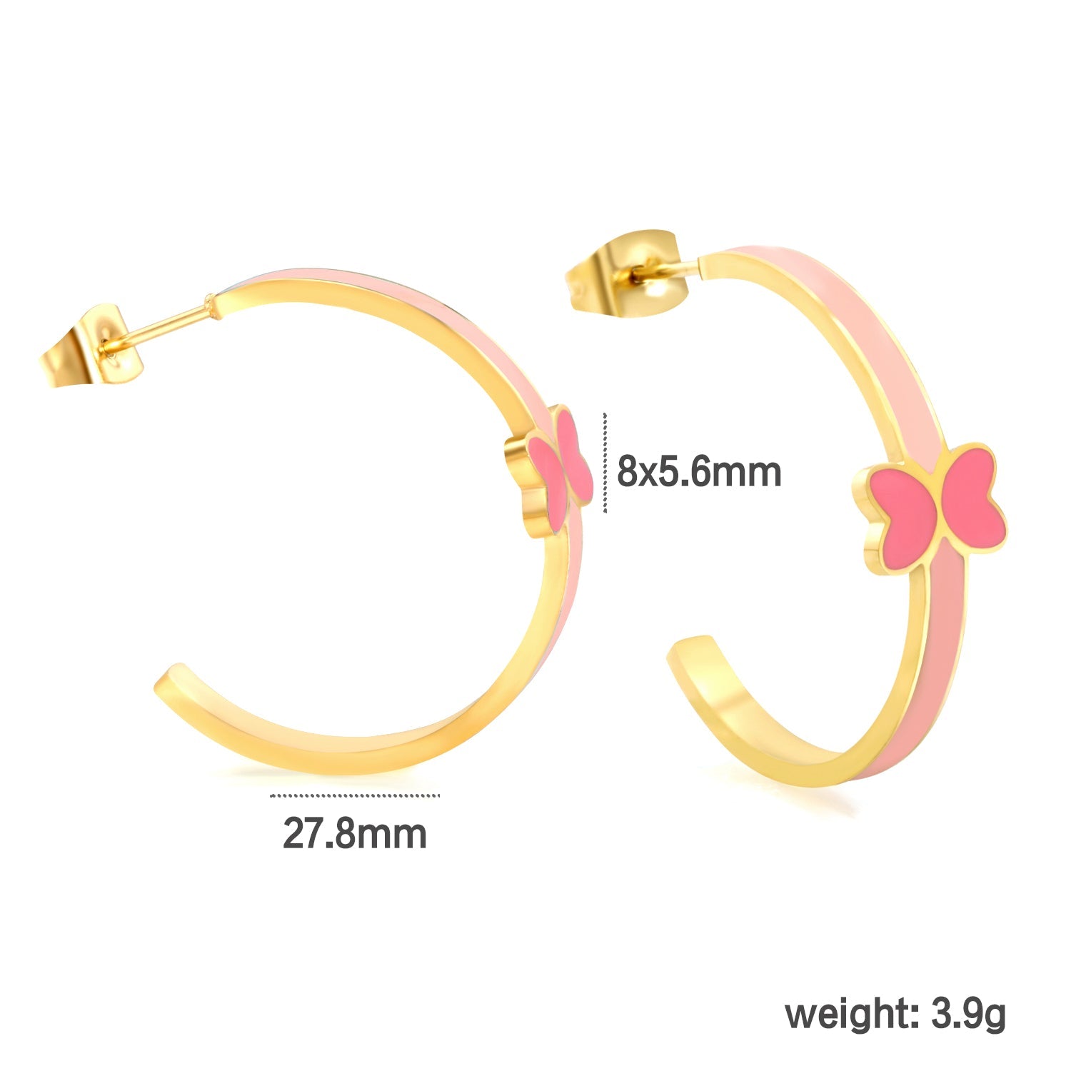 C-Shape with pink/blue oil drip 8*5.6mm butterfly earrings 27.8mm gold color asonjewelry
