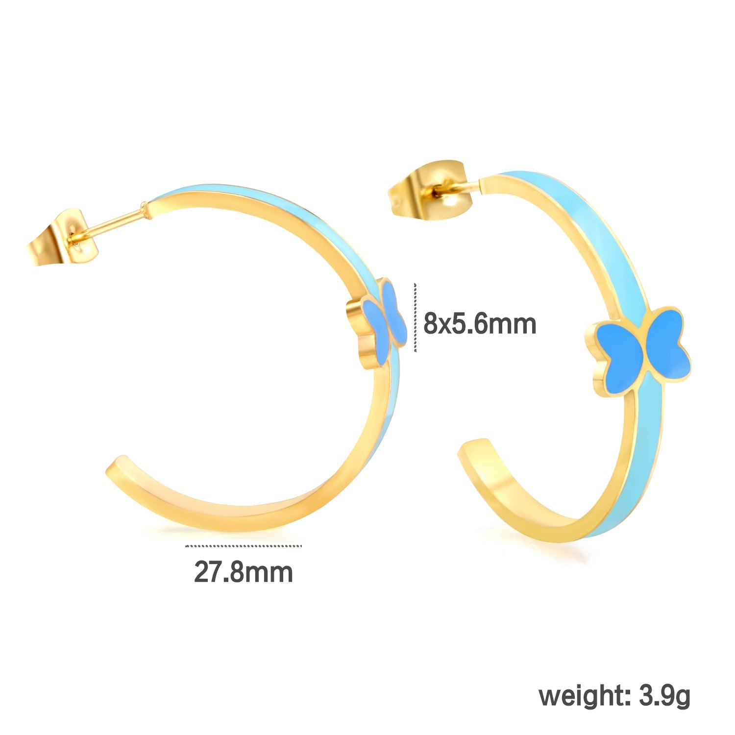 C-Shape with pink/blue oil drip 8*5.6mm butterfly earrings 27.8mm gold color asonjewelry
