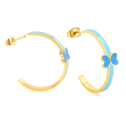 C-Shape with pink/blue oil drip 8*5.6mm butterfly earrings 27.8mm gold color asonjewelry