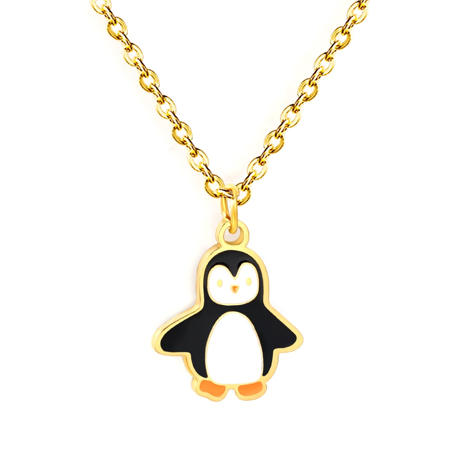 12.6*13.3mm Penguin Pendant 0.4mm Cross Chain Round Tag Necklace Gold asonjewelry