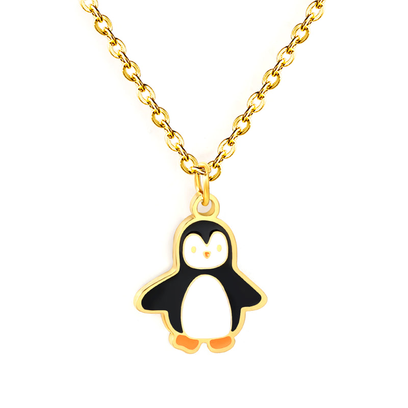 12.6*13.3mm Penguin Pendant 0.4mm Cross Chain Round Tag Necklace Gold