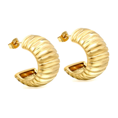 C-Shaped Horizontal Ripple Stud Earrings 14.8*25mm Gold Color asonjewelry