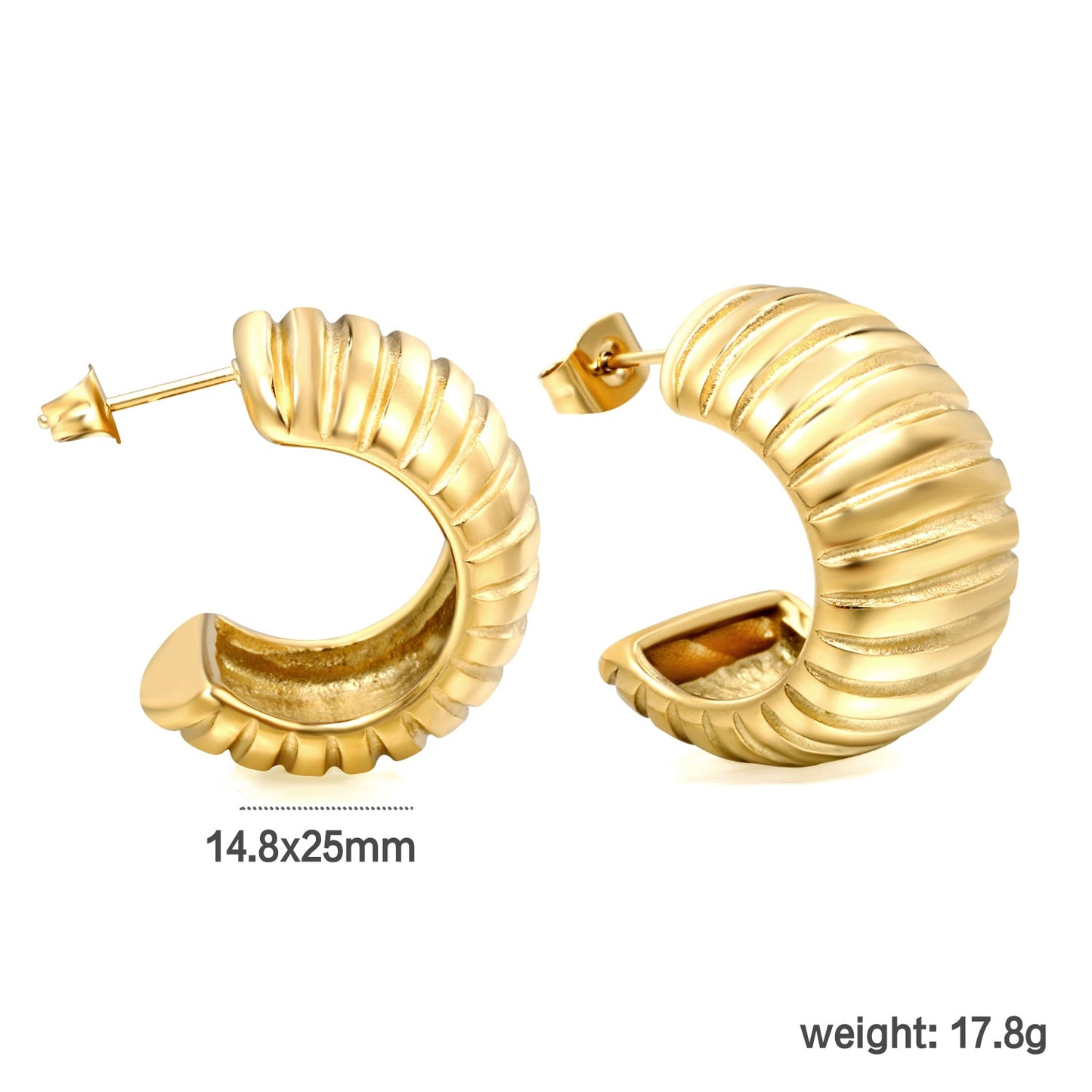 C-Shaped Horizontal Ripple Stud Earrings 14.8*25mm Gold Color asonjewelry