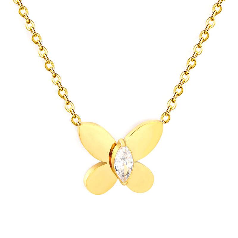 Butterfly-Set Marquise White Zirconia Pendant 0.3mm Cross Chain Round Tag Necklace Gold