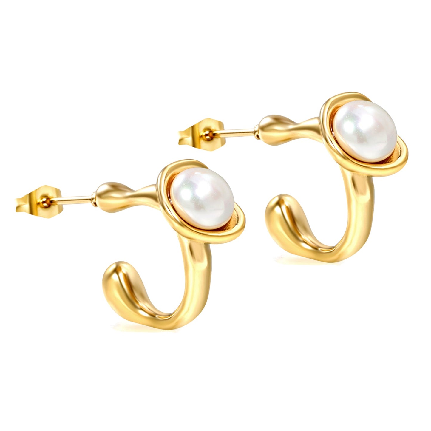 17.8mm Shaped Square Open Hole Earrings with 7mm White Pearls Gold Color asonjewelry