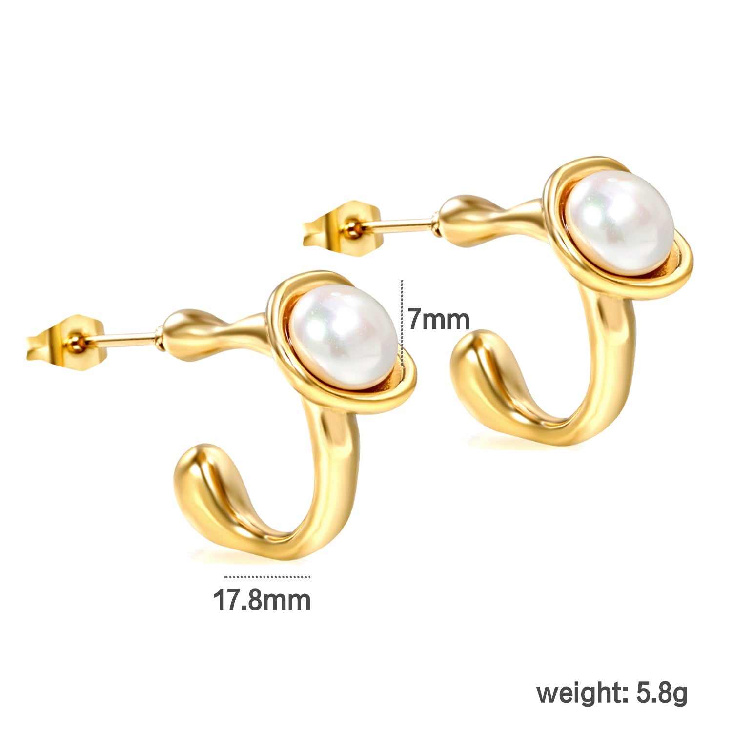 17.8mm Shaped Square Open Hole Earrings with 7mm White Pearls Gold Color asonjewelry