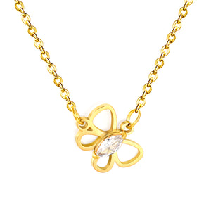 Openwork Butterfly with Marquise-Cut White Zirconia Pendant 0.4mm Cross Chain Round Tassel Pendant Necklace Gold