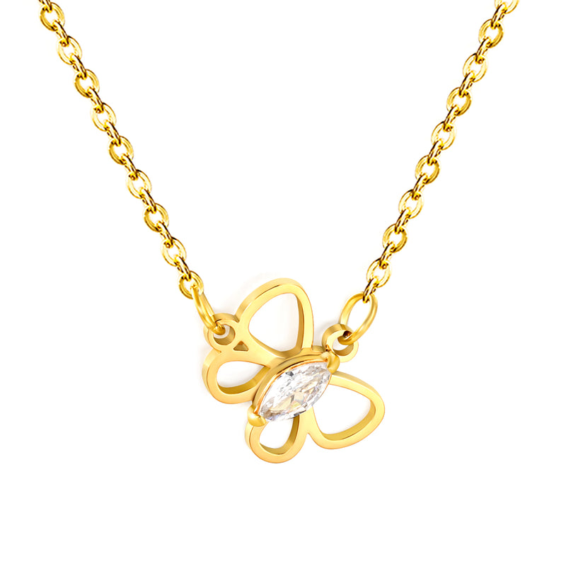 Openwork Butterfly with Marquise-Cut White Zirconia Pendant 0.4mm Cross Chain Round Tassel Pendant Necklace Gold