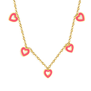 7.3*7.5mm 5 Pink Openwork Hearts 0.4mm Cross Chain Tag Necklace Gold
