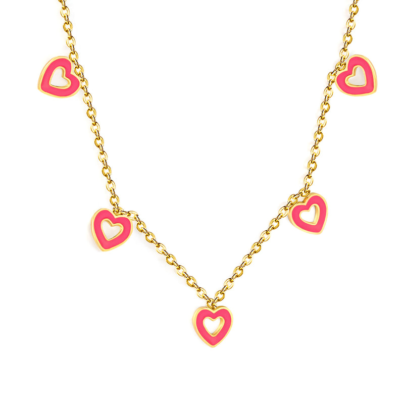 7.3*7.5mm 5 Pink Openwork Hearts 0.4mm Cross Chain Tag Necklace Gold