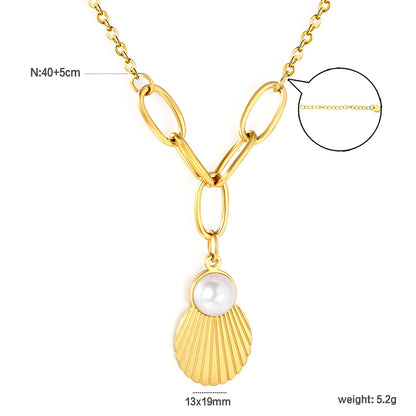 Shell Pearl Pendant 0.4mm Cross Chain Assembled Five Long Clasp Round Tag Necklace Gold asonjewelry
