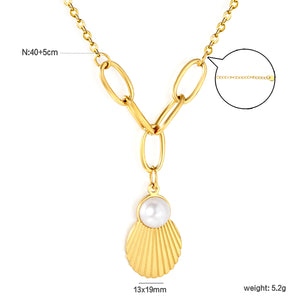 Shell Pearl Pendant 0.4mm Cross Chain Assembled Five Long Clasp Round Tag Necklace Gold