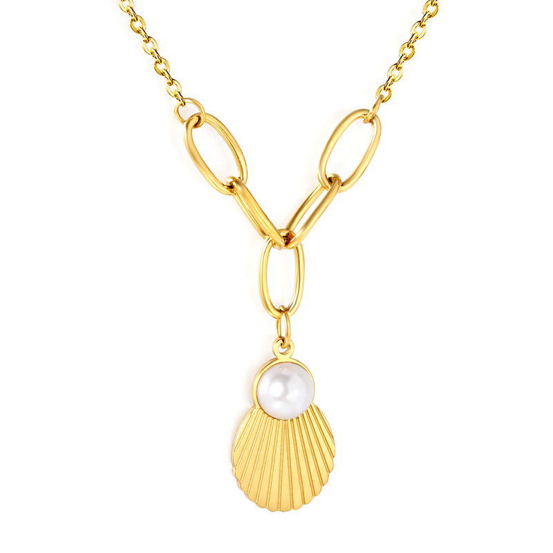 Shell Pearl Pendant 0.4mm Cross Chain Assembled Five Long Clasp Round Tag Necklace Gold