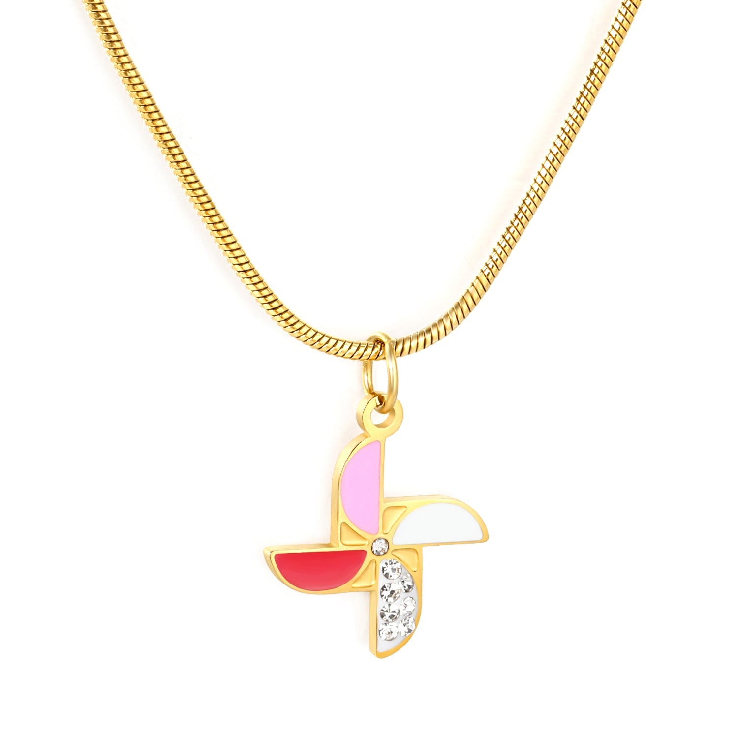 Windmill Drip Oil Pendant with Diamonds 1.3mm Round Snake Chain Round End Cap Necklace Gold asonjewelry