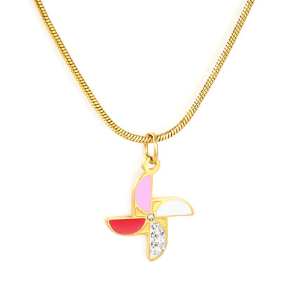 Windmill Drip Oil Pendant with Diamonds 1.3mm Round Snake Chain Round End Cap Necklace Gold asonjewelry