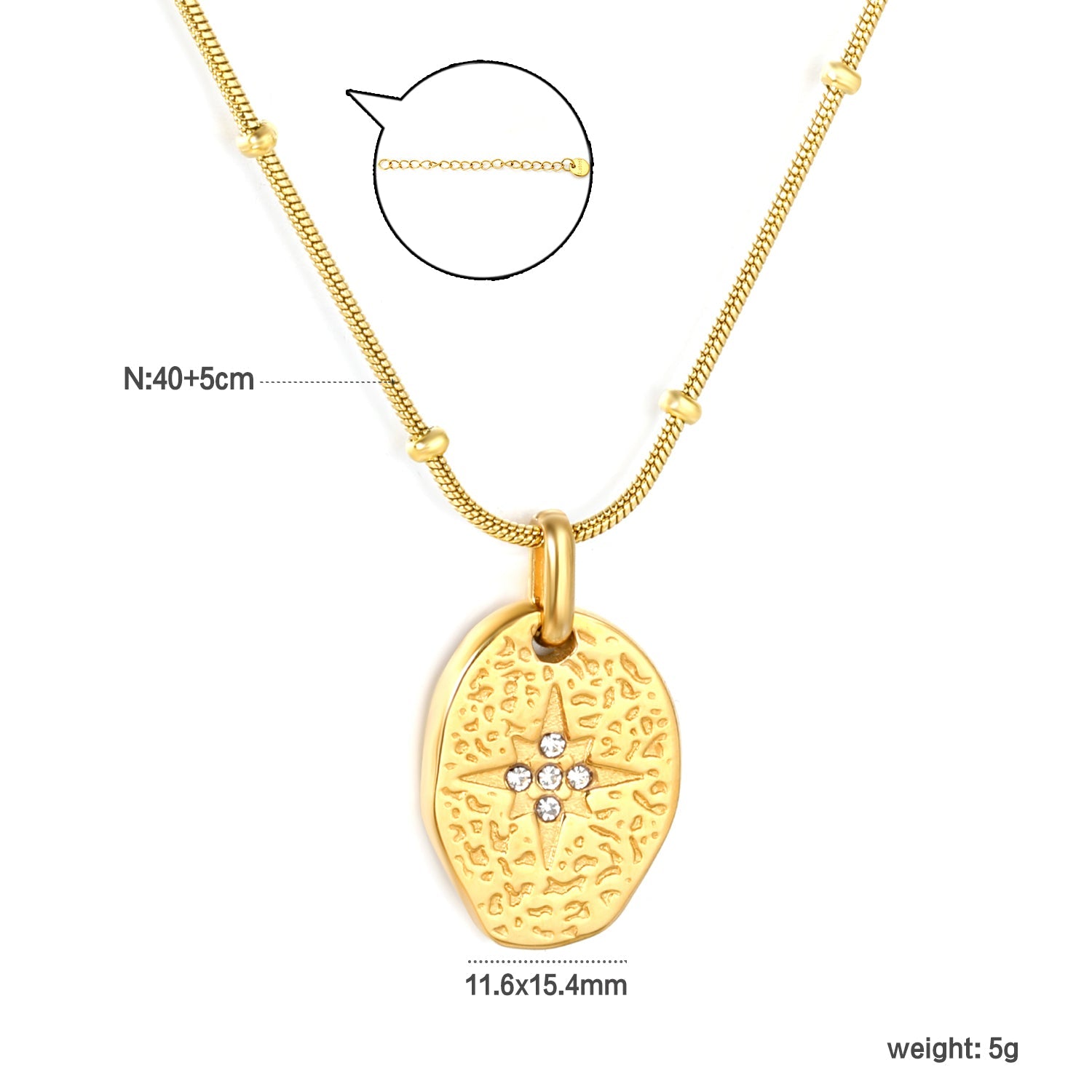 Irregular Oval Eight-Pointed Star Pendant with Diamonds 0.9mm Round Snake Clasp Small Bead Round Tag Necklace Gold asonjewelry