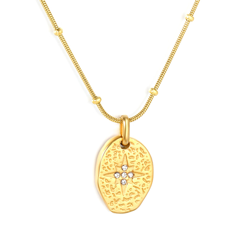Irregular Oval Eight-Pointed Star Pendant with Diamonds 0.9mm Round Snake Clasp Small Bead Round Tag Necklace Gold