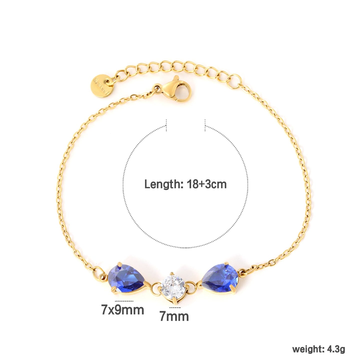 7*9mm pear-shaped white/blue diamonds, 7mm round white diamond, cross chain 18+3cm + 6mm round pendant tag, bracelet, gold asonjewelry