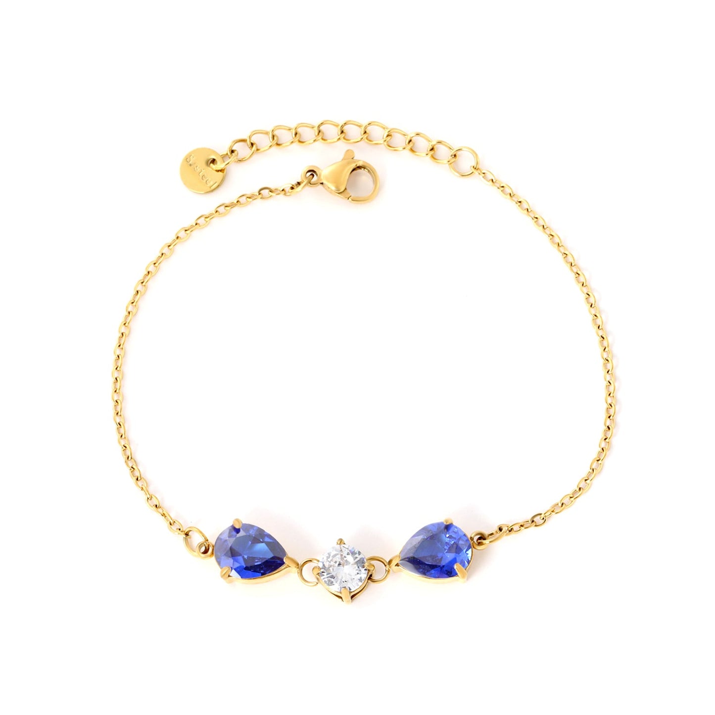 7*9mm pear-shaped white/blue diamonds, 7mm round white diamond, cross chain 18+3cm + 6mm round pendant tag, bracelet, gold asonjewelry