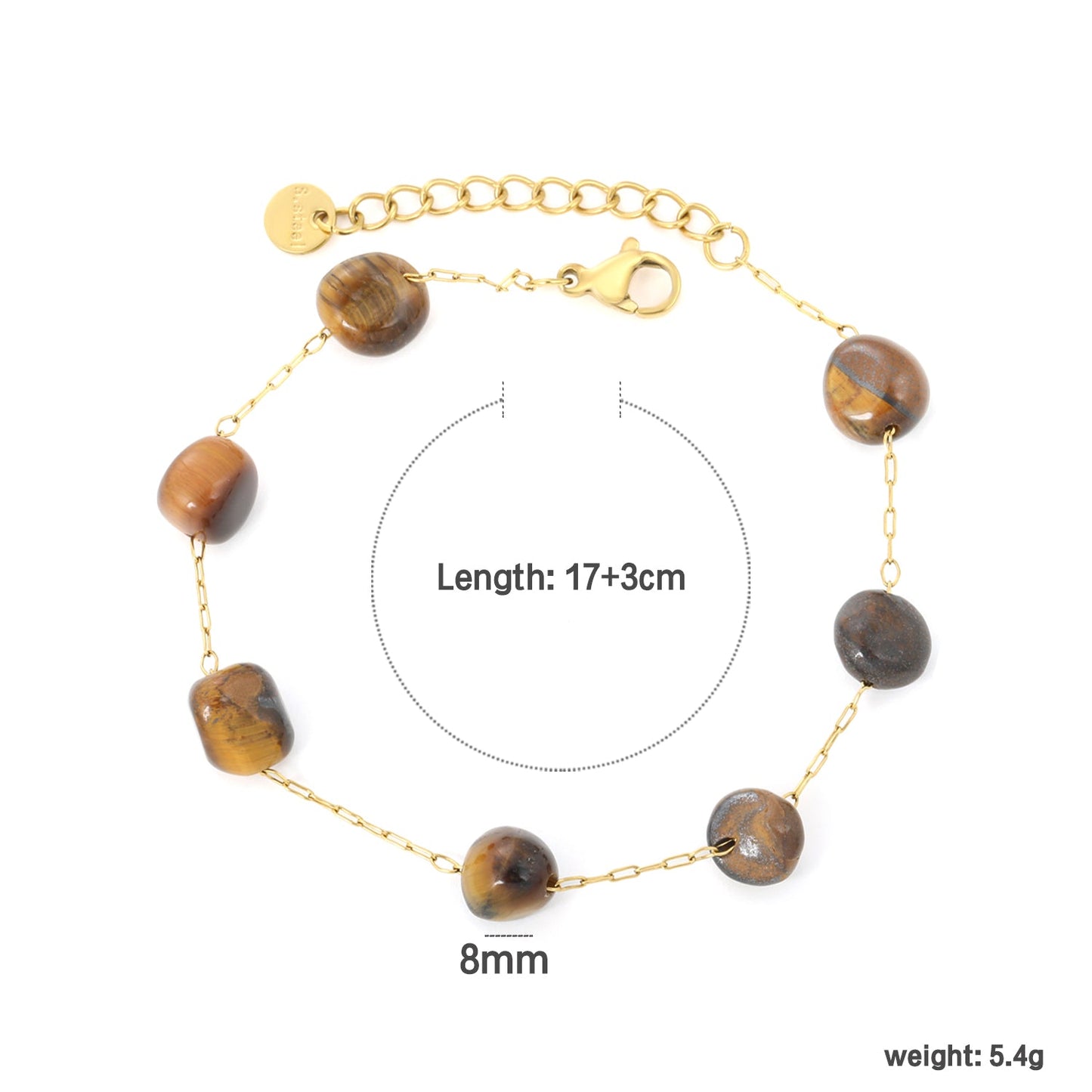 8mm Tiger's Eye Bead with 0.3mm Long Clasp Cross Chain 17+3cm + 6mm Round End Cap Bracelet, Gold asonjewelry