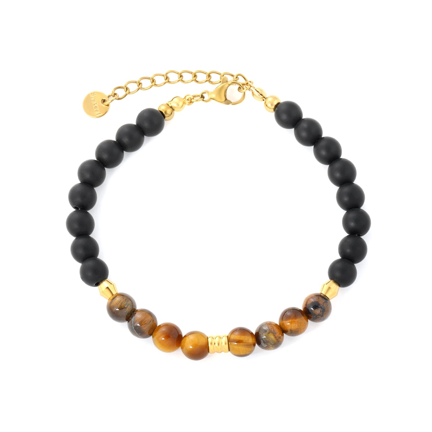 7mm Tiger's Eye Stone with Black Bead Accents 18+3cm+6mm Round Tag Bracelet Gold asonjewelry