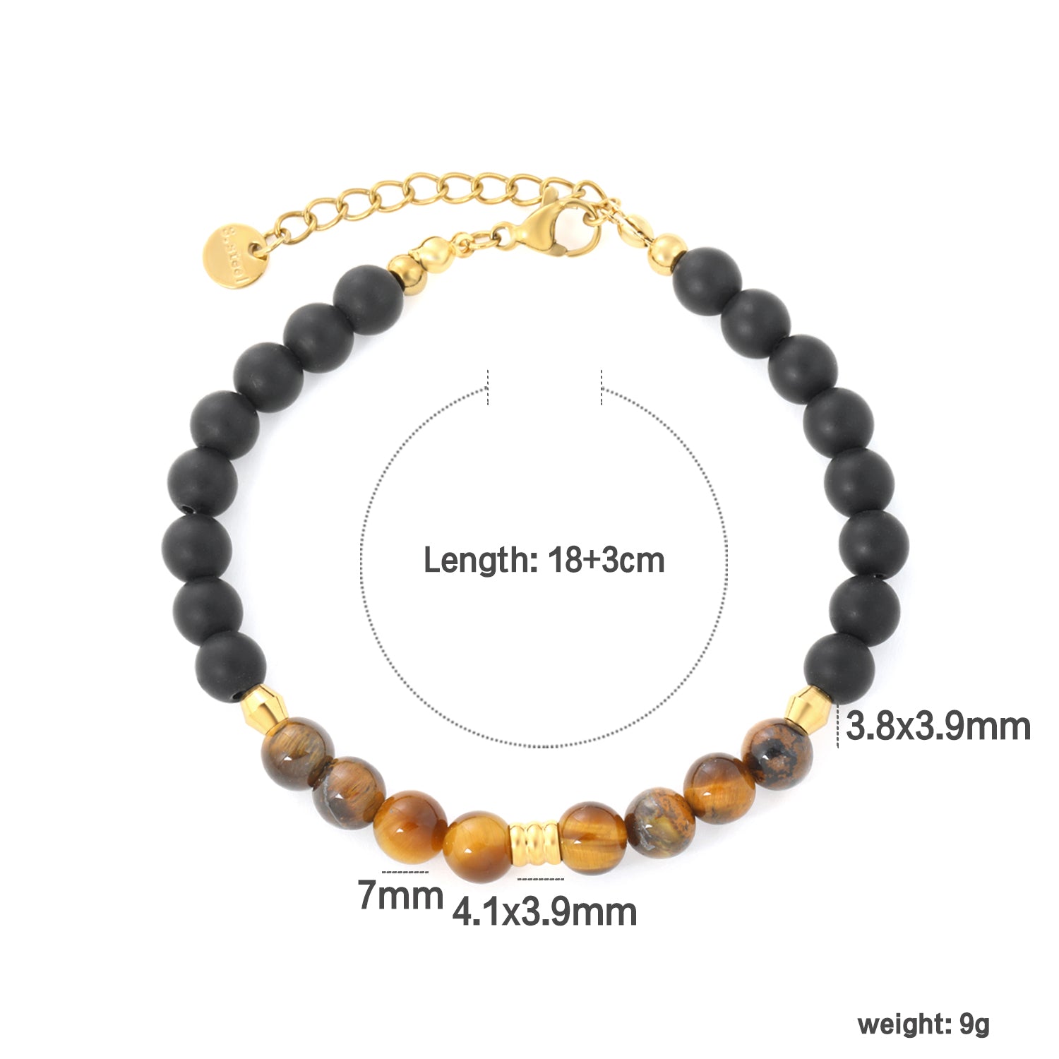 7mm Tiger's Eye Stone with Black Bead Accents 18+3cm+6mm Round Tag Bracelet Gold asonjewelry