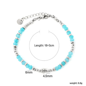 31x6mm Blue Natural Stone Beads + 20x4.5mm Steel Beads + Round Tag Bracelet Steel Color