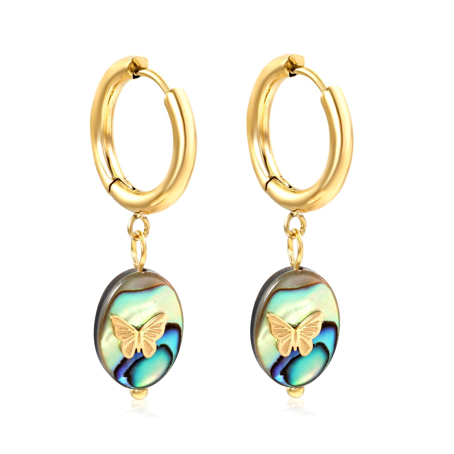 2.5*12.2mm circle + 10.4*14.3mm oval abalone shell with butterfly earrings gold color asonjewelry