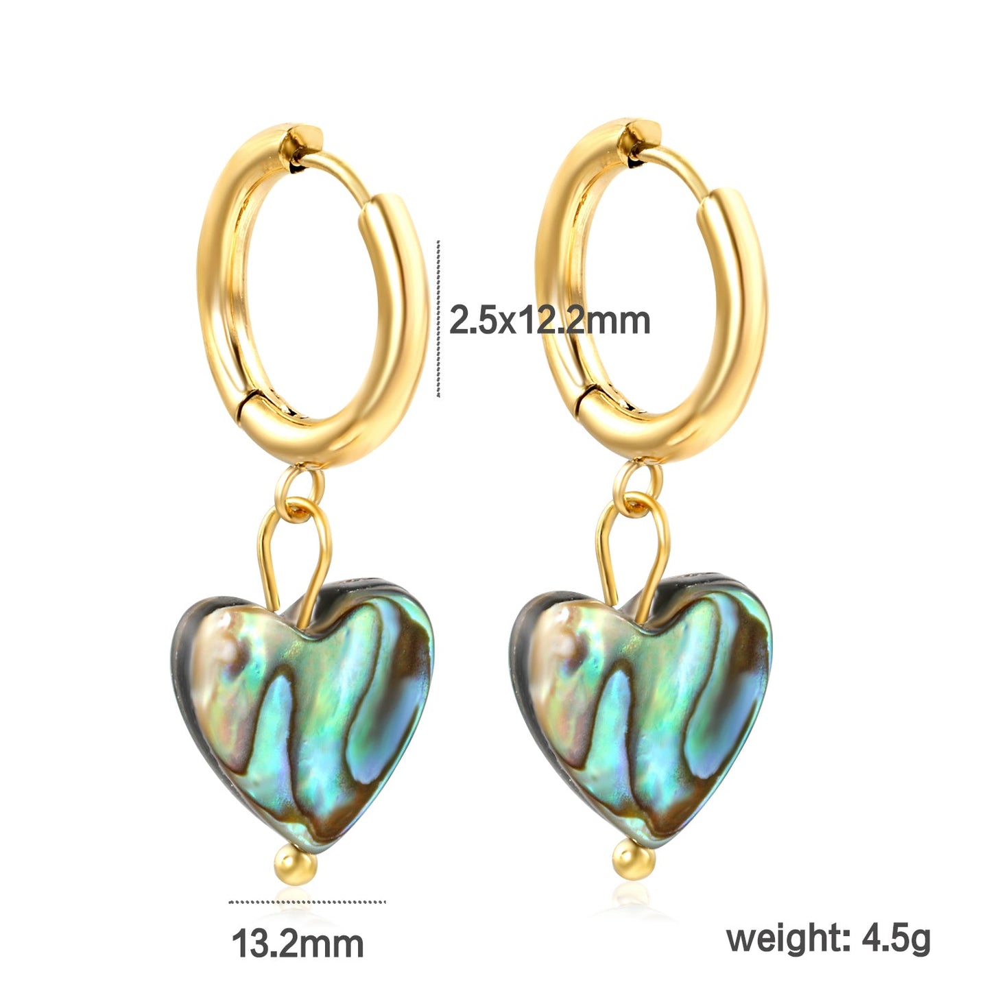 2.5*12.2mm inner diameter circle+12.2*11.5mm heart-shaped abalone shell earrings Gold color asonjewelry