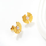 15.2mm*15.8mm Irregular Lotus Leaf Pearl Stud Earrings, Gold