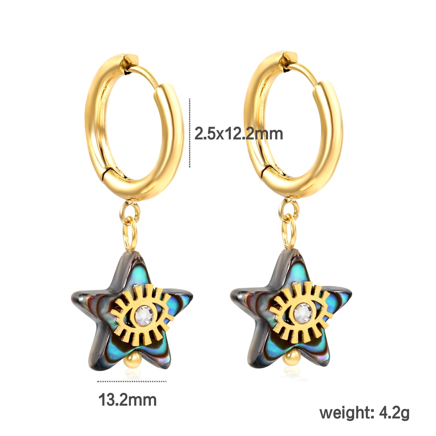 2.5*12.2mm circle +13.2mm star-shaped abalone shell with eyes white diamond earrings gold color asonjewelry