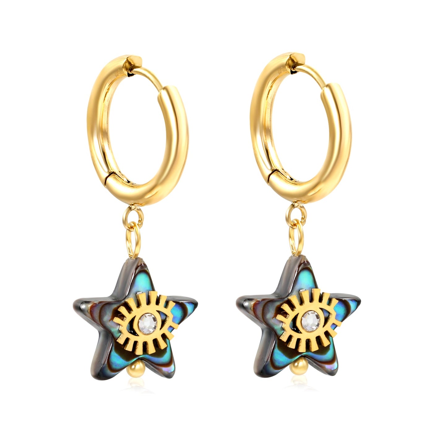 2.5*12.2mm circle +13.2mm star-shaped abalone shell with eyes white diamond earrings gold color asonjewelry