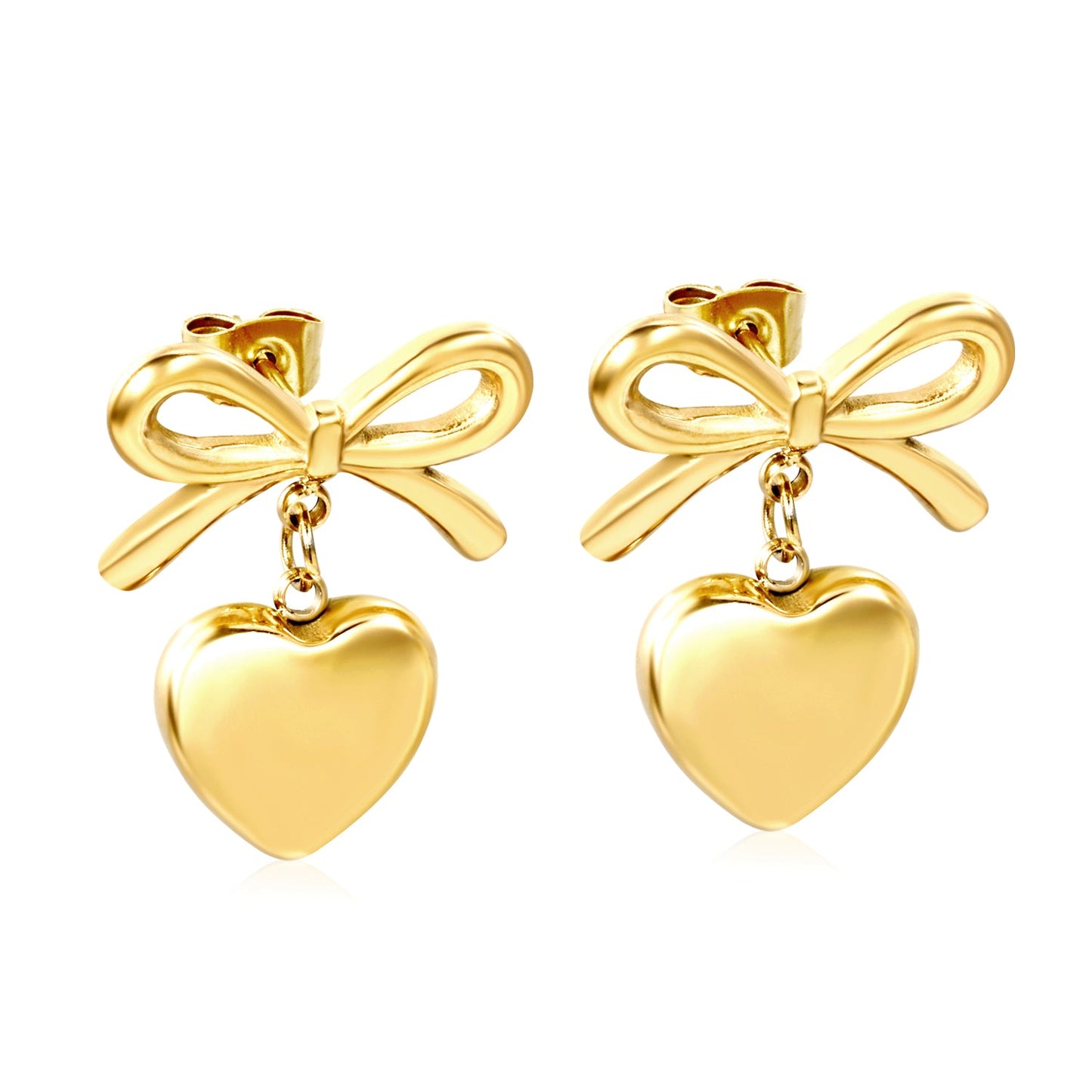 19.7*12.4mm Bow+13mm Heart Stud Earrings Gold Color asonjewelry