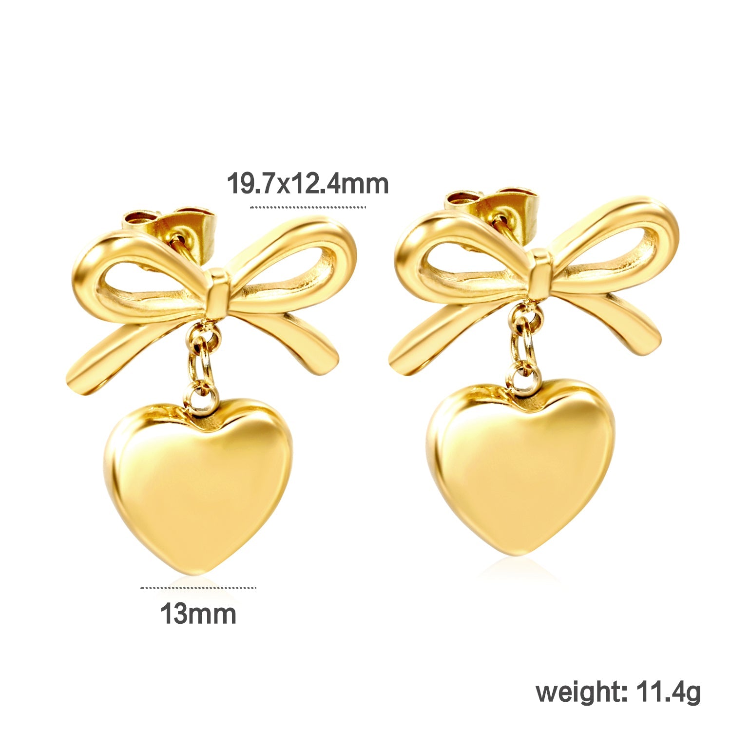 19.7*12.4mm Bow+13mm Heart Stud Earrings Gold Color asonjewelry