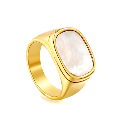 Cast Crafted Sticky White Oversized Shell Ring Square Gold Polished Stainless Steel Ring Wholesale asonjewelry