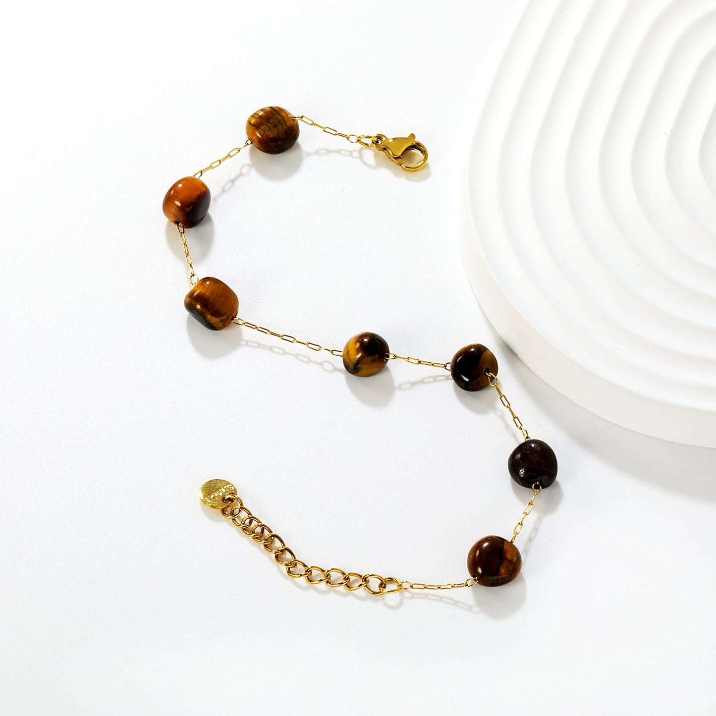 8mm Tiger's Eye Bead with 0.3mm Long Clasp Cross Chain 17+3cm + 6mm Round End Cap Bracelet, Gold asonjewelry