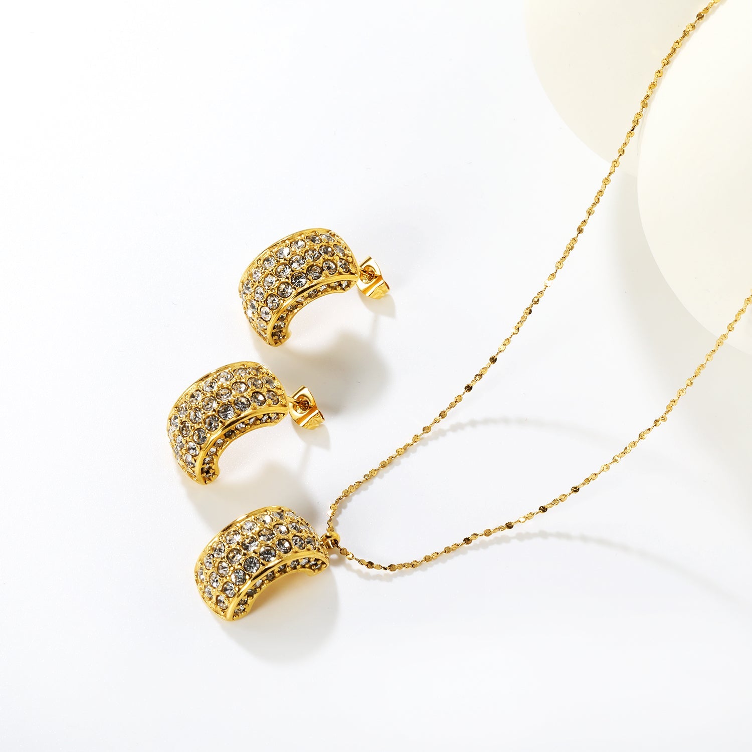 C-Shaped White Diamond/Emerald-Cut Diamond Set Gold Earrings/Pendant 0.3ct Cross-Cut Round Diamond 40+5cm Chain + 6mm Round Tag asonjewelry