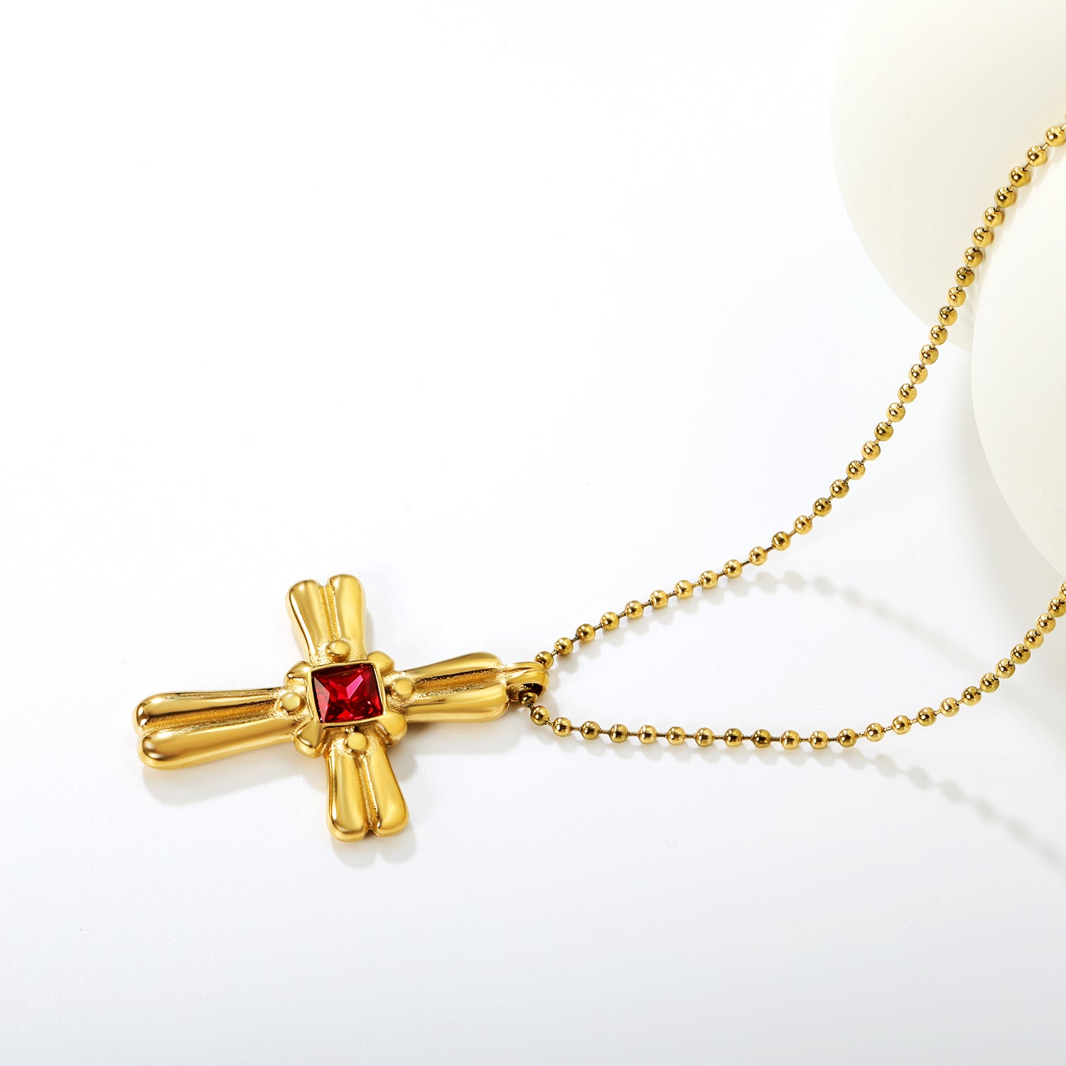 31*42mm Cross Square Rose-Colored Zircon Pendant Bead Chain Round End Cap Necklace, Gold asonjewelry
