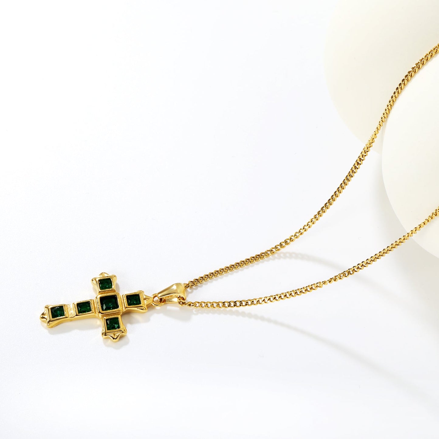 Cross-Shaped Square Emerald Nano Square Zircon Pendant 2.0 with Double-Sided Polished Round End Cap Necklace, Gold asonjewelry