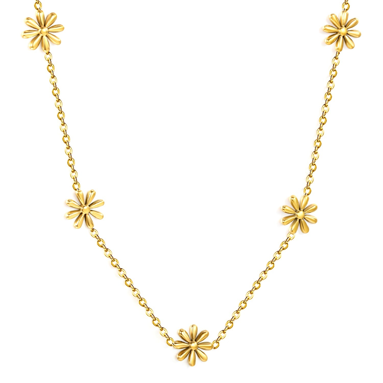 5 9mm three-dimensional six-petal flower necklace 40+5cm+6mm round plate Gold color asonjewelry