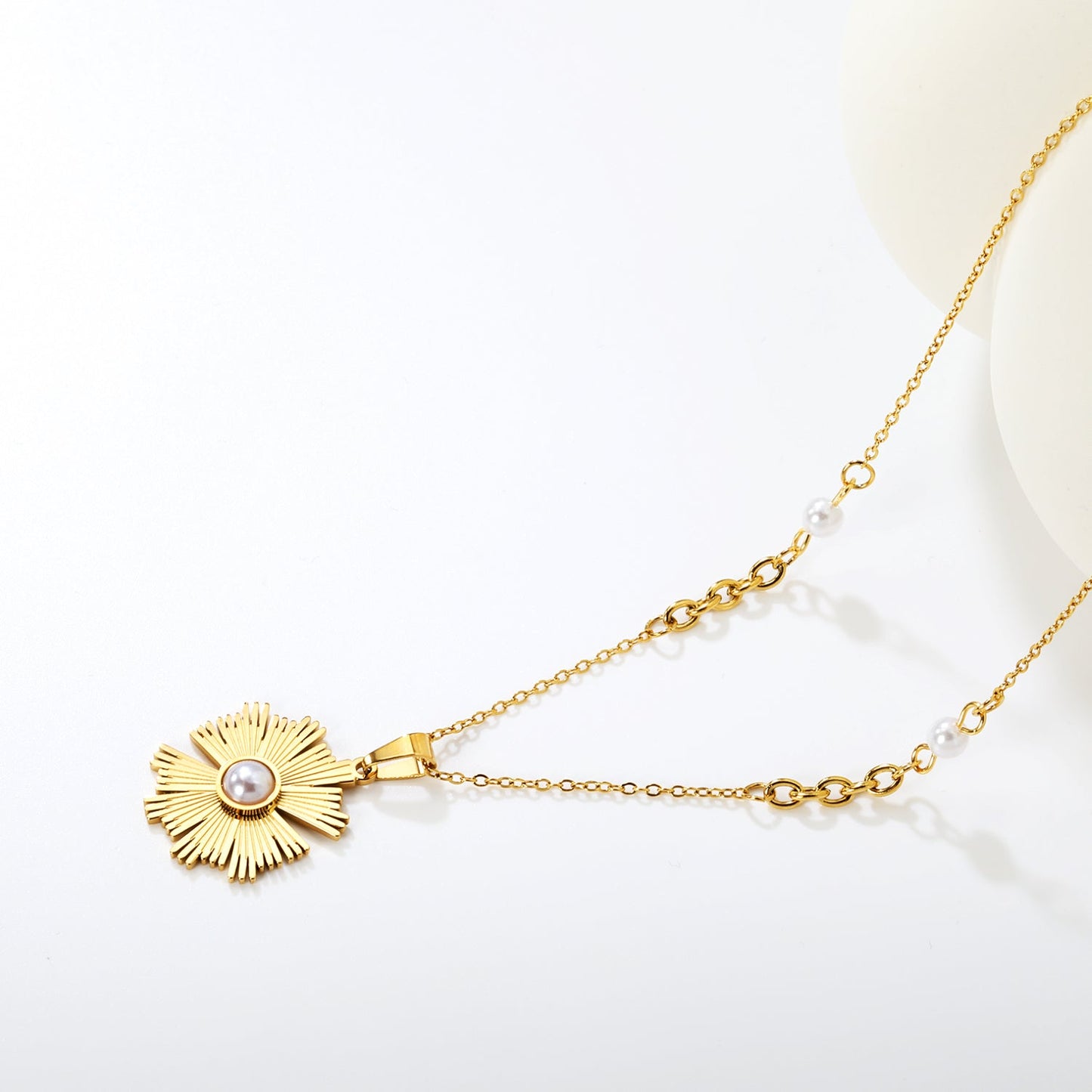 Irregular Sunflower Pearl Pendant 0.2mm Cross Chain Assembled Pearl Round Tag Necklace Gold asonjewelry