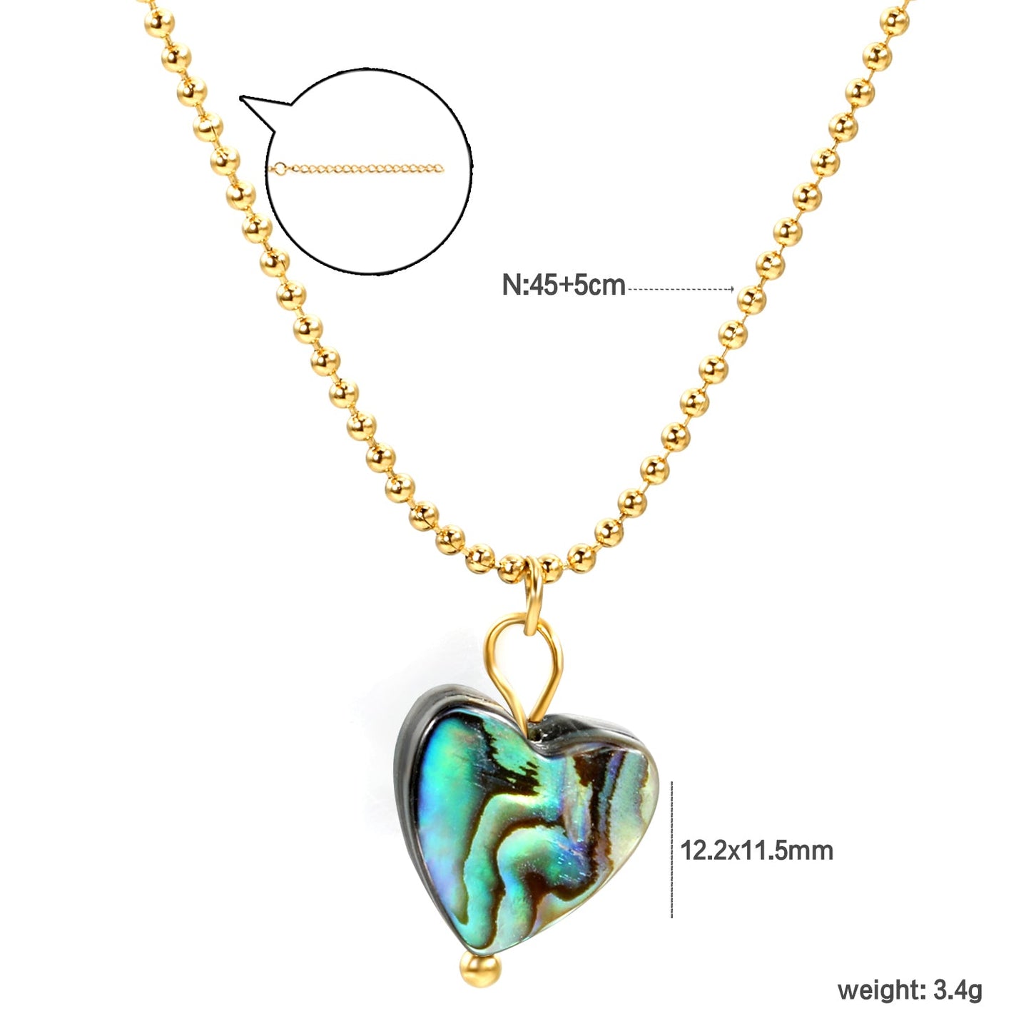 12.2*11.5mm heart-shaped abalone shell pendant necklace 1.5mm*45+5cm+6mm round plate Gold color asonjewelry