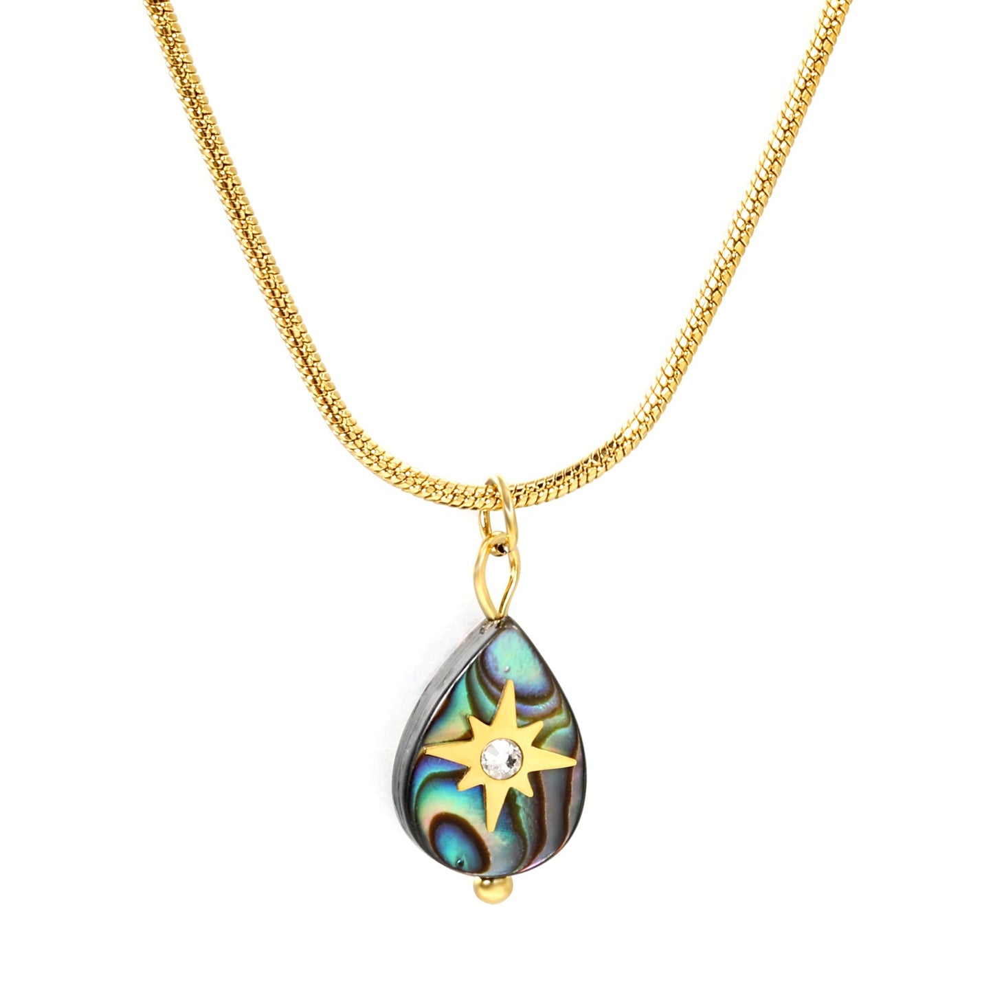 9.3*13mm Teardrop Abalone Shell with Octopus White Diamonds Pendant Necklace 1.3mm*45+5cm+6mm Round Plaque Gold Color asonjewelry