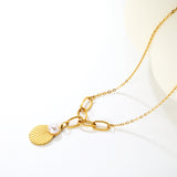 Shell Pearl Pendant 0.4mm Cross Chain Assembled Five Long Clasp Round Tag Necklace Gold