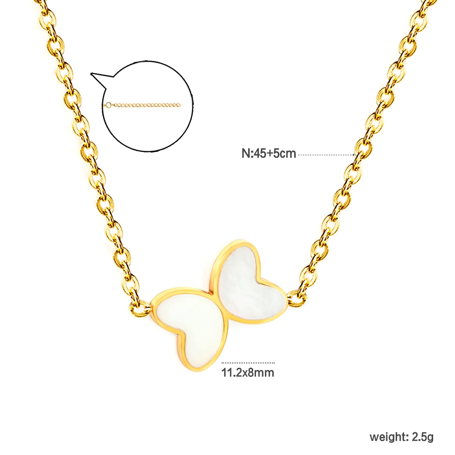 11.2*8mm Butterfly with White Shell/Black Yak/Pink Shell/Green Oil Drop Pendant Necklace 035*45+5cm+6mm Round Gold Color asonjewelry