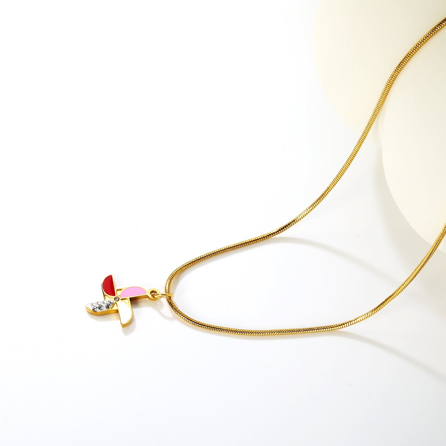 Windmill Drip Oil Pendant with Diamonds 1.3mm Round Snake Chain Round End Cap Necklace Gold asonjewelry