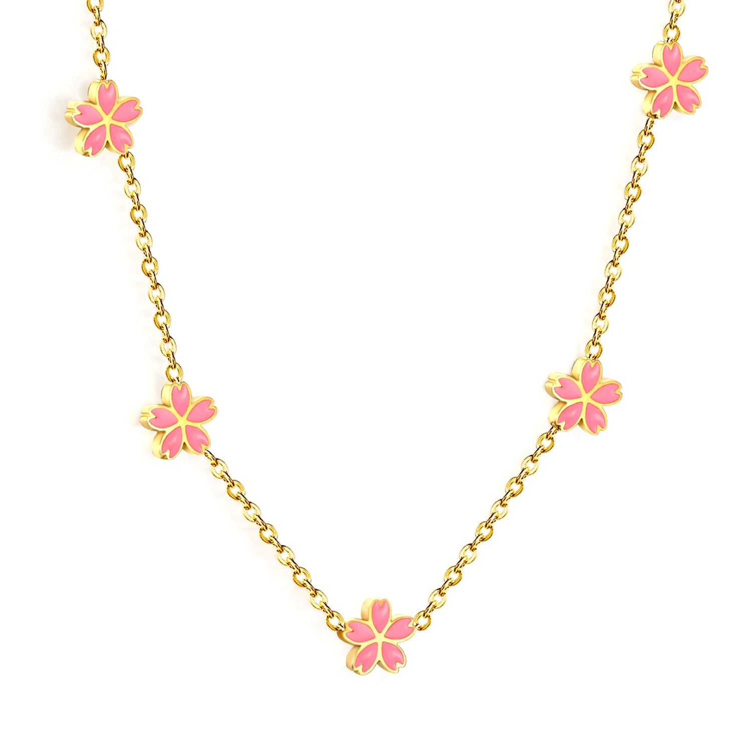 5 6.7mm cherry blossoms with pink oil drop necklace cross 0.35mm*40+5cm+6mm round tag Gold color asonjewelry