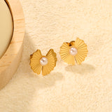 15.2mm*15.8mm Irregular Lotus Leaf Pearl Stud Earrings, Gold